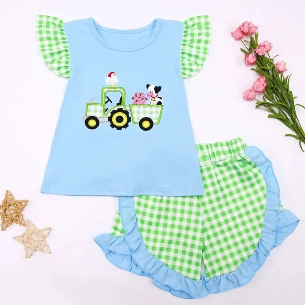 Boutique Farm Tractor Cow Girls Ruffle Shorts Outfit Set